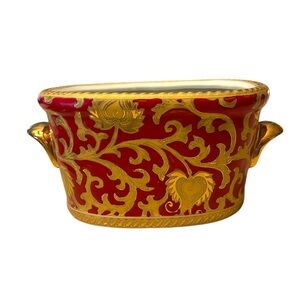 Vintage Amita Porcelain Hand Painted Red & Gold Gilt Porcelain Planter Cache Pot